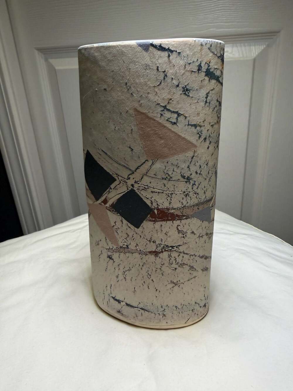 M. Simon Signed Studio Art Pottery Vase Abstract Geometric Cylinder